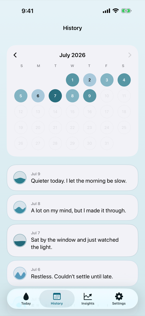 Inlet's History screen showing short one-line entries for each day, mood shown in shades of blue, with no streak counter anywhere on screen.