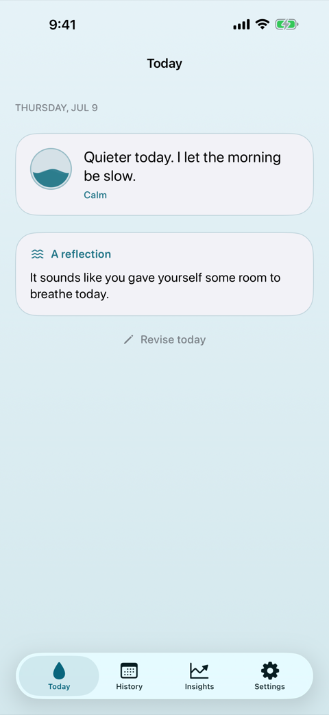 Inlet's Today screen: a one-line entry with an AI reflection card that reads, “It sounds like you gave yourself some room to breathe today.”