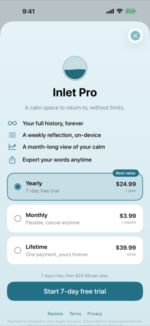 Paywall screen: “Inlet Pro — A calm space to return to, without limits”